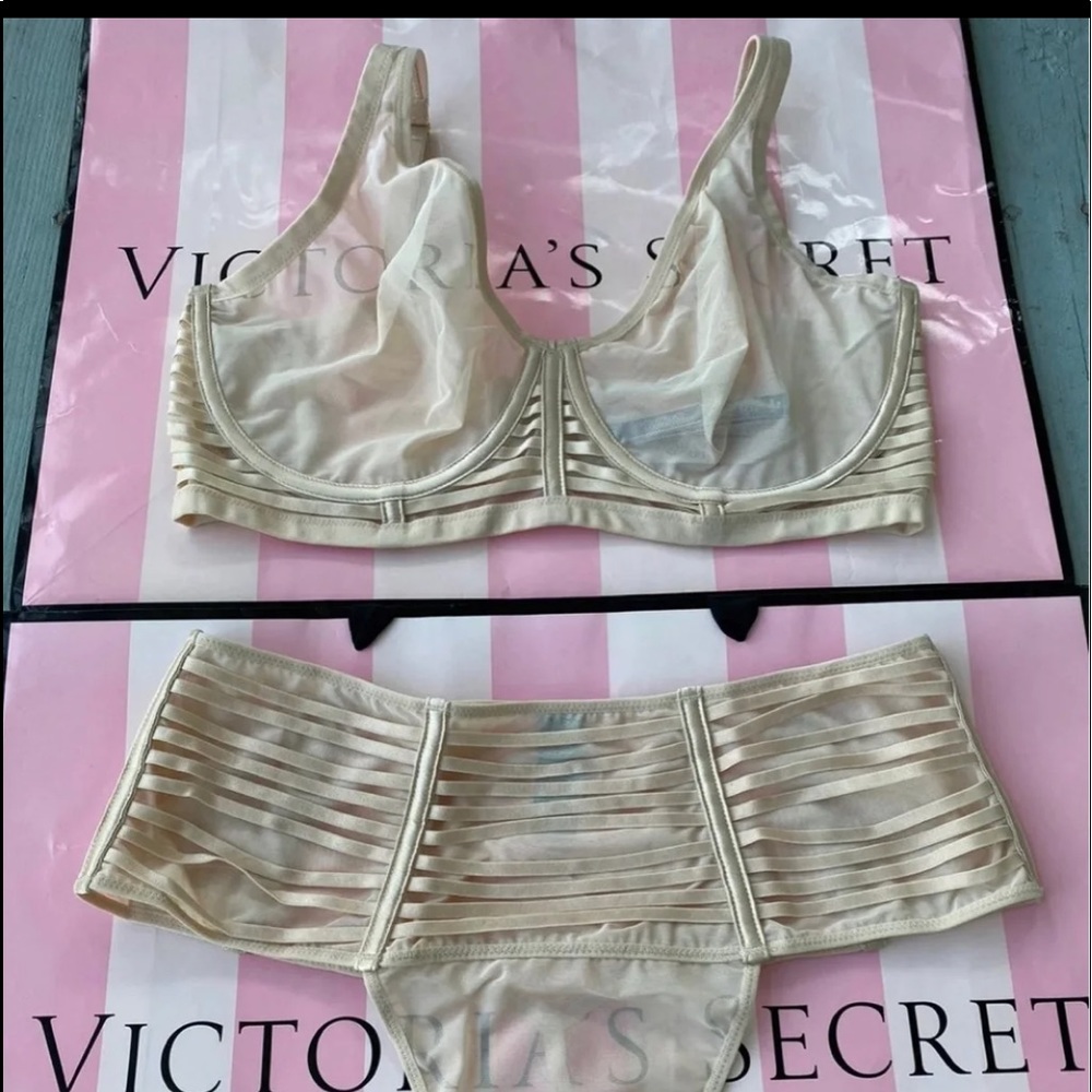 Victoria’s Secret Champagne Luxe Lingerie unlined mesh plunge bra and panty set